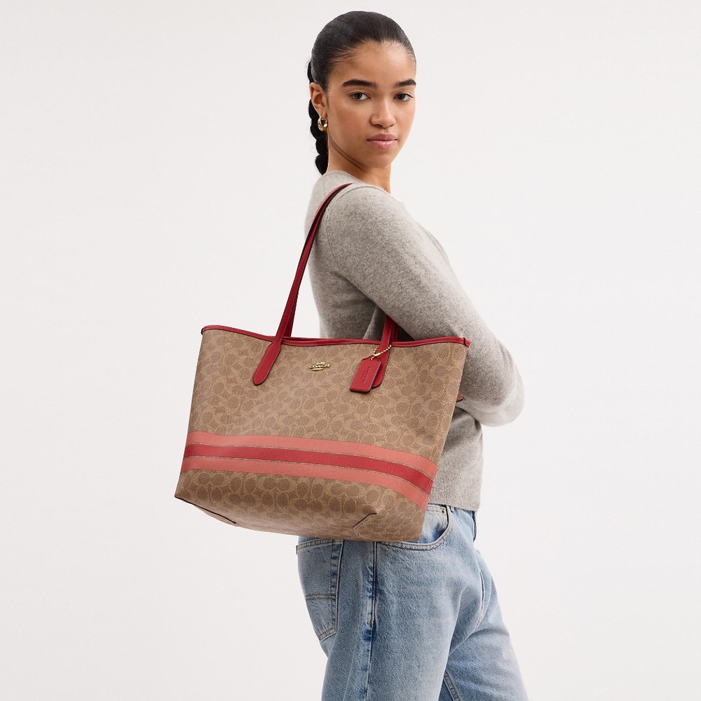 Coach City Tote Bag In Signature Canvas With Stripe PLUS Wallet NWT - Picture 2 of 5